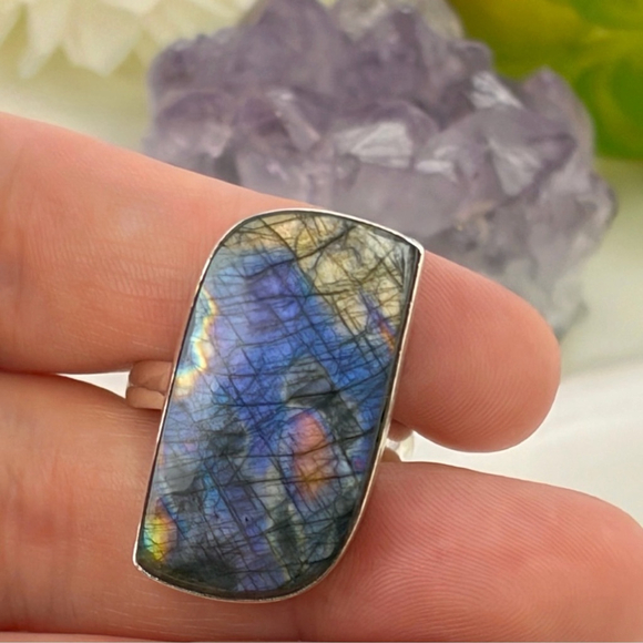 Sterling Silver 925 Purple Labradorite Ring Size 9 1/4 9.25 Colorful Boho - Picture 3 of 9